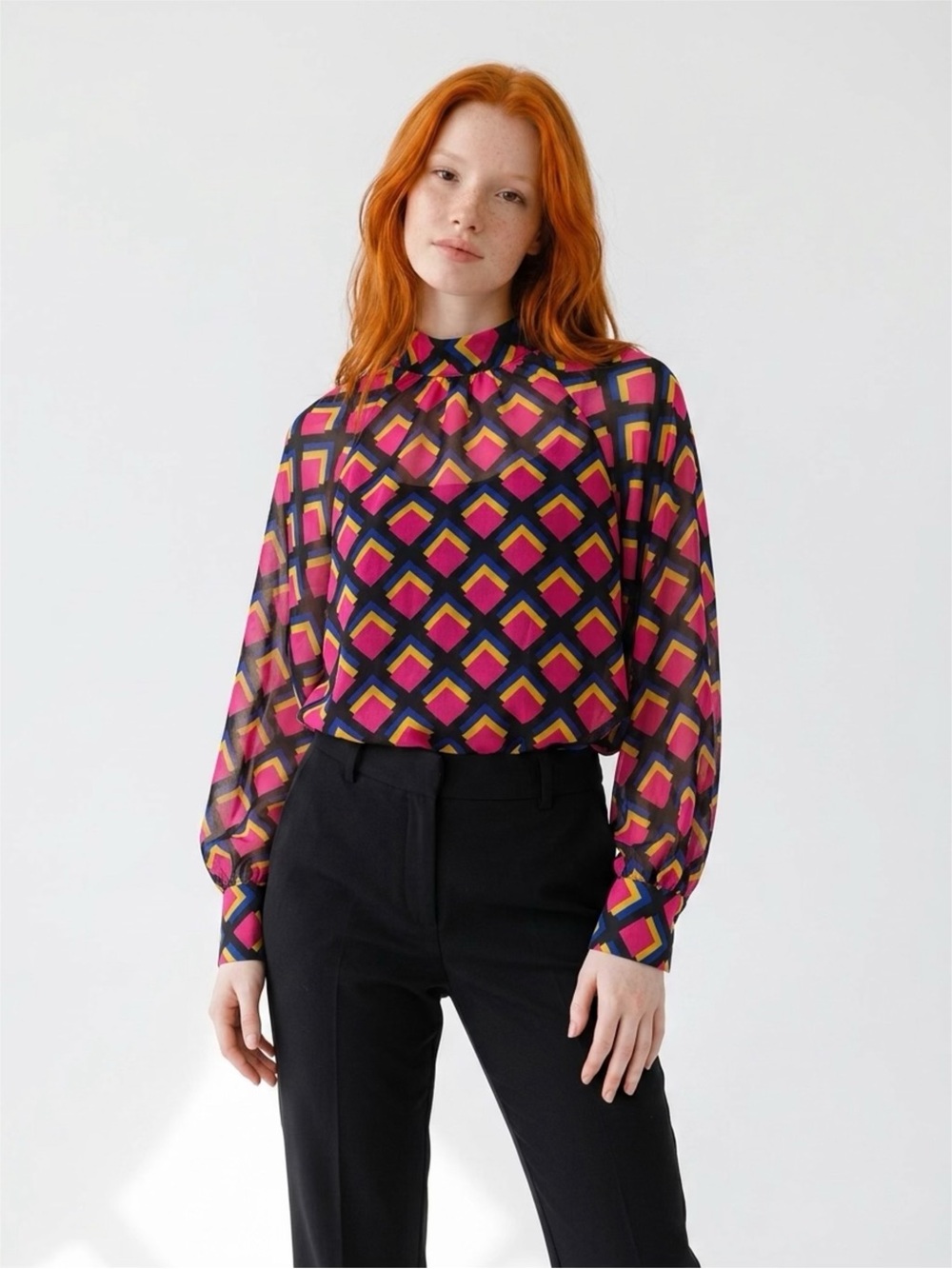 New York &Co Geometric Print Long-Sleeve Blouse in Pink Purple and Yellow Size M